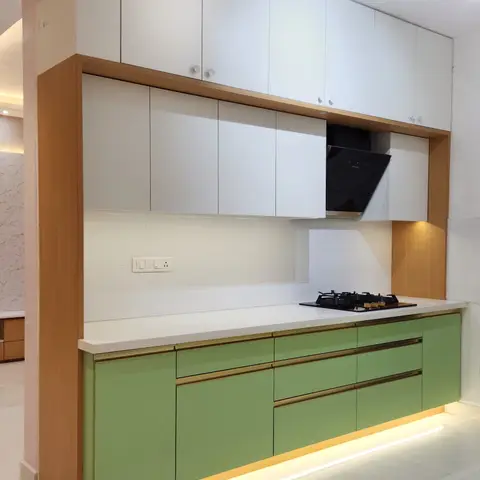 pastel modern indian kitchen with layout — real Indian home