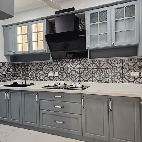 grey traditional kitchen with layout — real Indian home