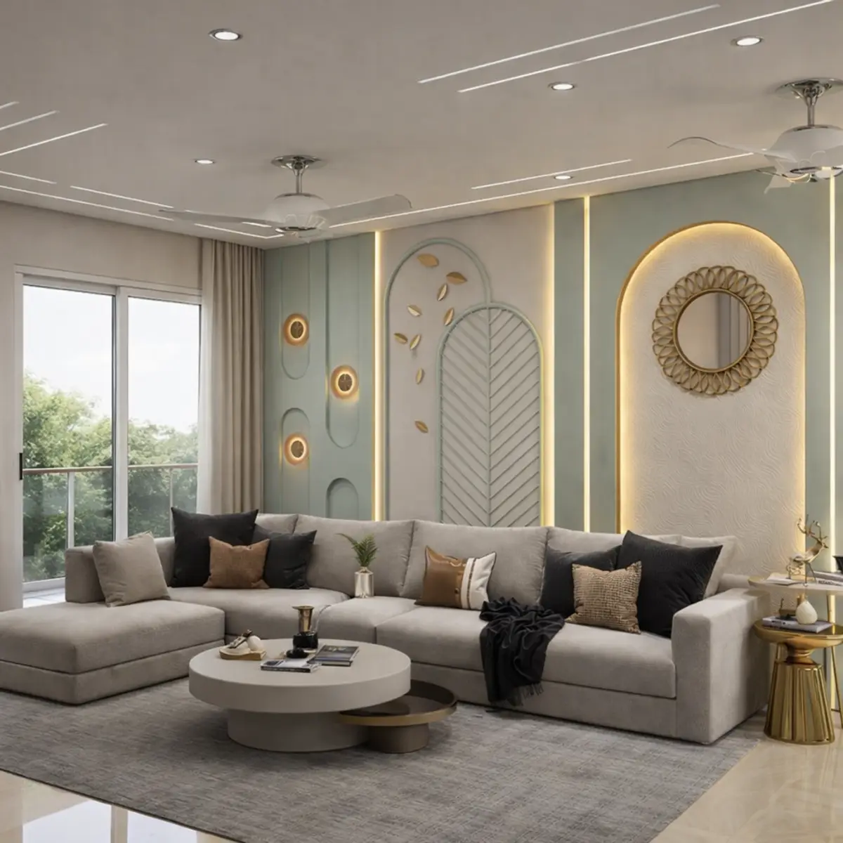 pastel luxury living room with moulding — real Indian home