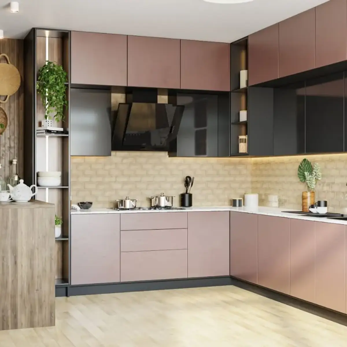 pastel modern minimalist kitchen with layout — real Indian home