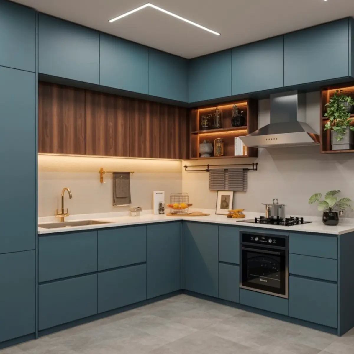jewel tone japandi kitchen with layout — real Indian home
