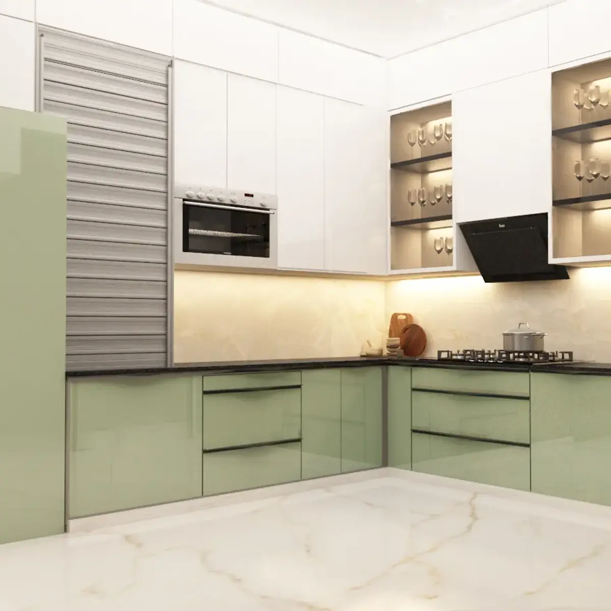 pastel modern indian kitchen with layout — real Indian home