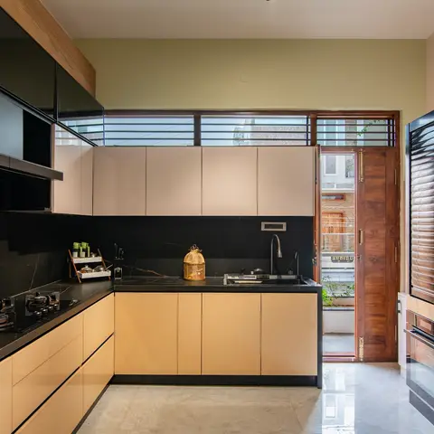 black and white modern indian kitchen with layout — real Indian home
