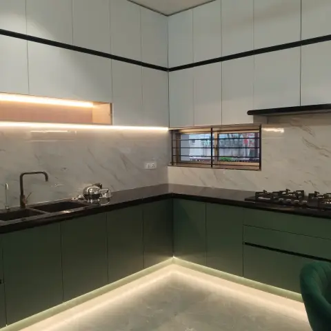 jewel tone modern minimalist kitchen with layout — real Indian home