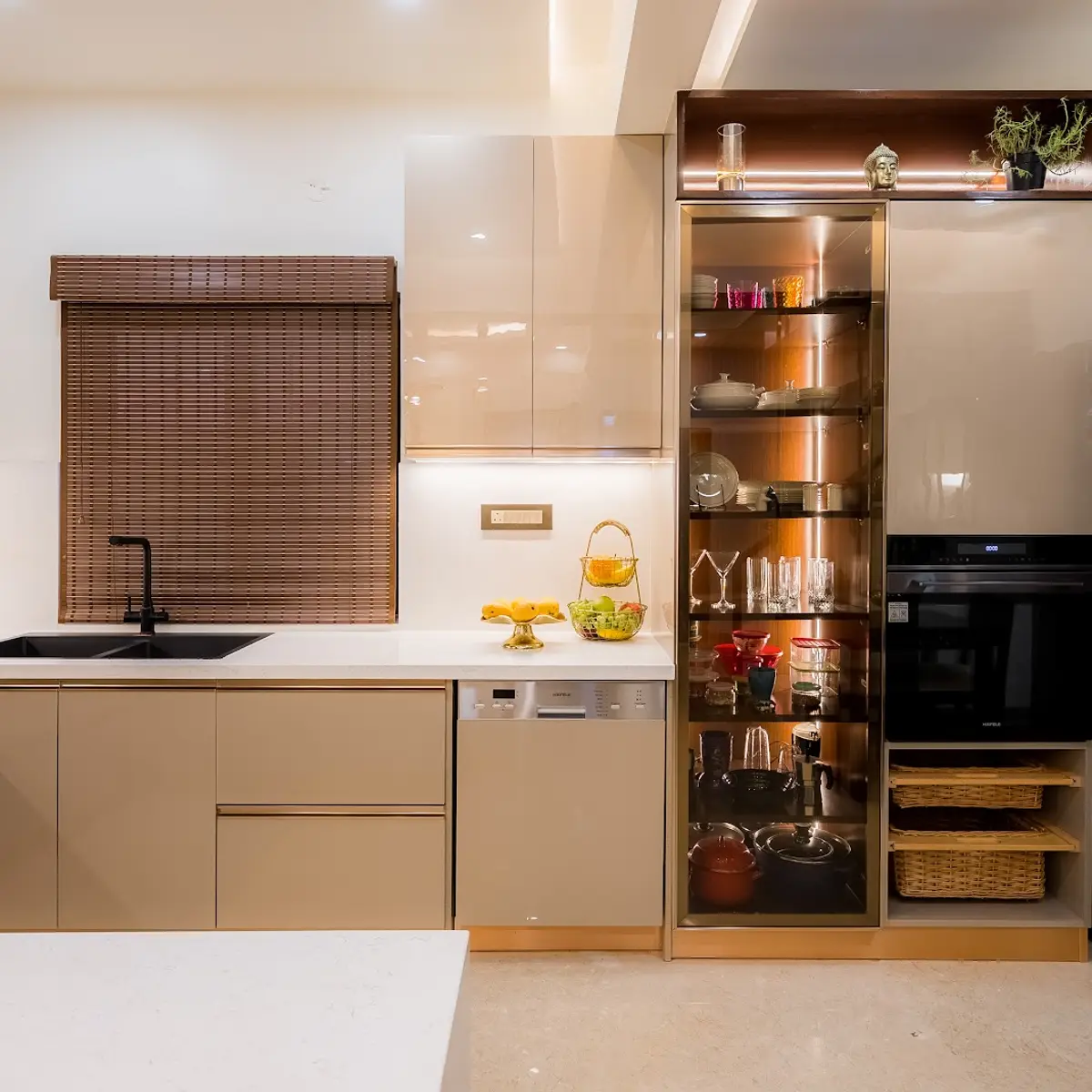 beige modern indian kitchen with shutter — real Indian home