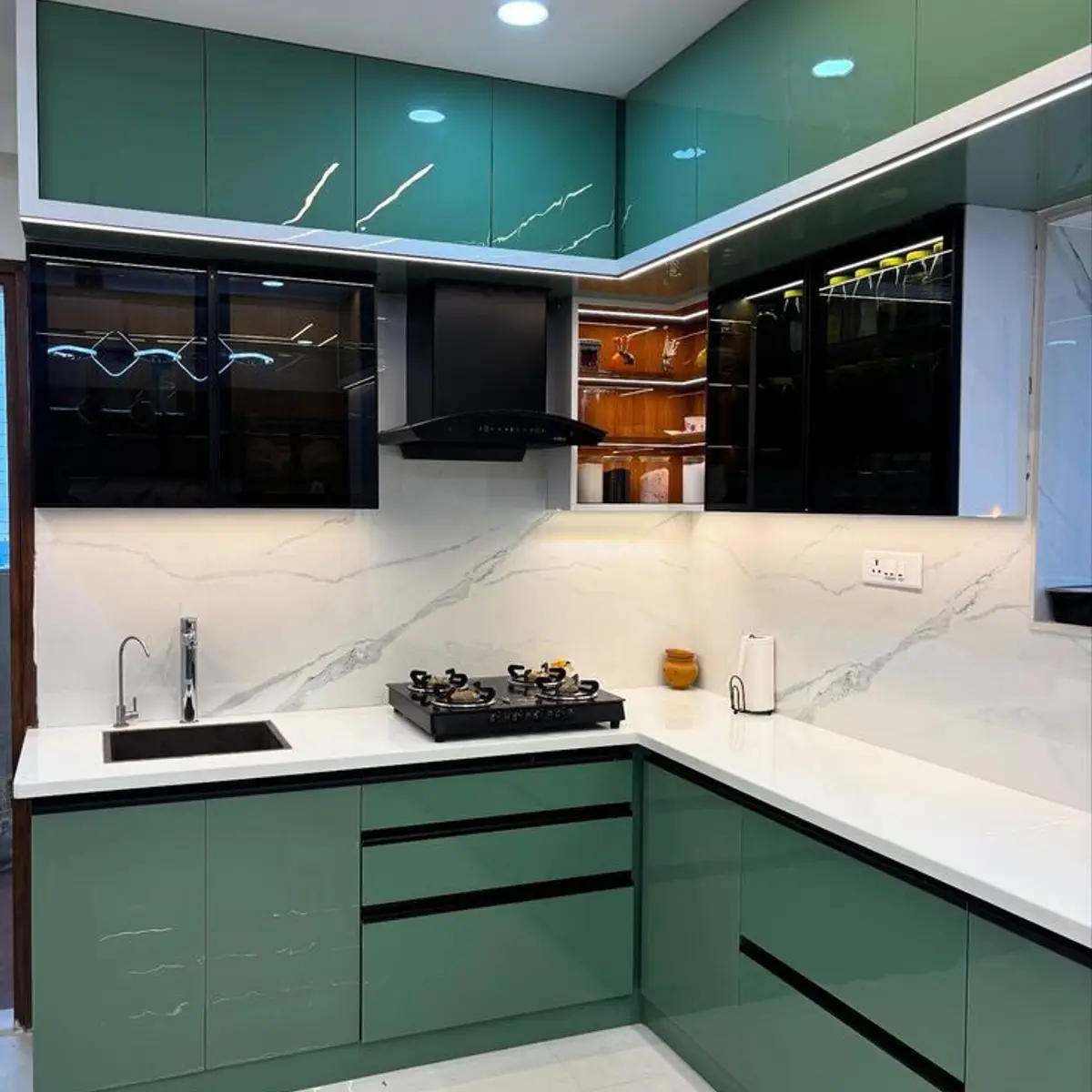 jewel tone modern indian kitchen with shutter — real Indian home
