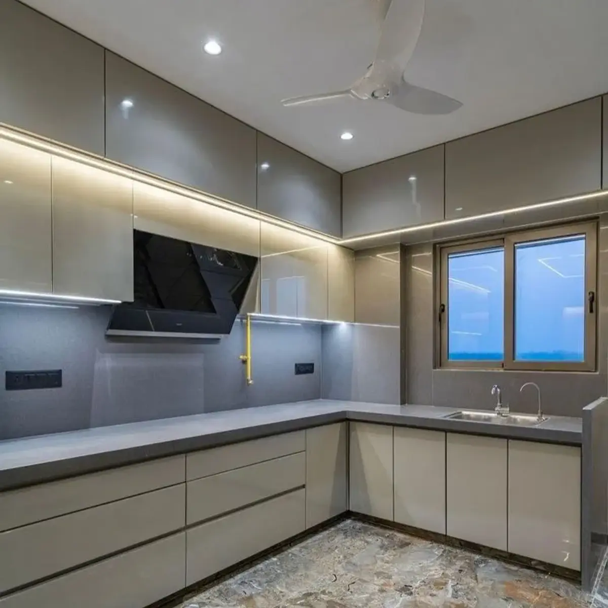 grey modern minimalist kitchen with shutter — real Indian home