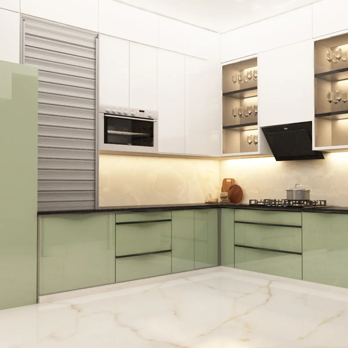 pastel modern minimalist kitchen with layout — real Indian home