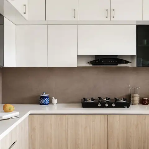 beige modern minimalist kitchen with layout — real Indian home