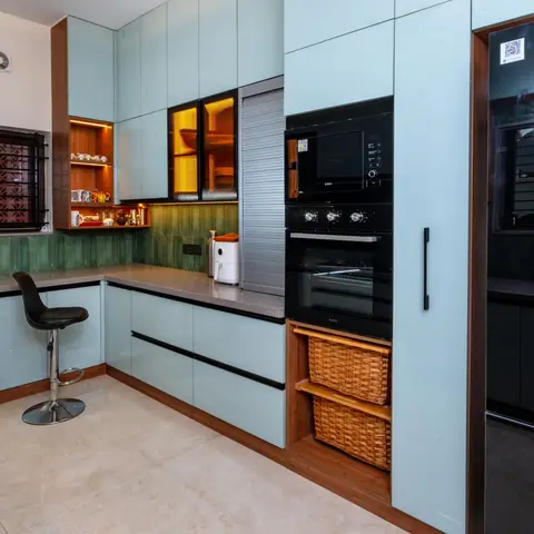 pastel modern indian kitchen with layout — real Indian home