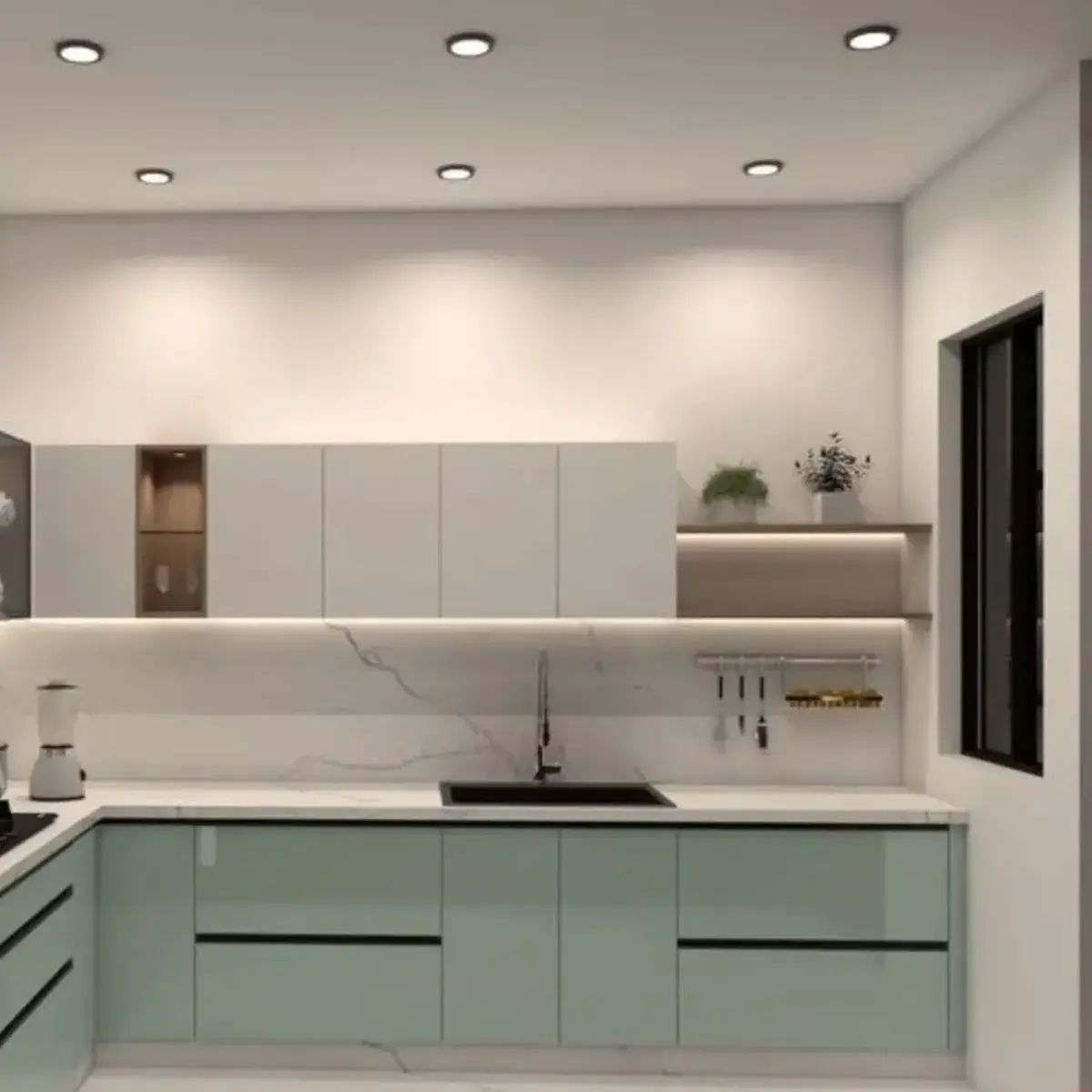 pastel modern minimalist kitchen with layout — real Indian home