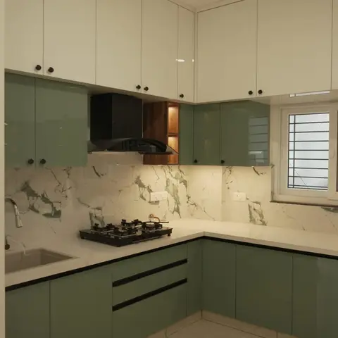 pastel modern minimalist kitchen with layout — real Indian home