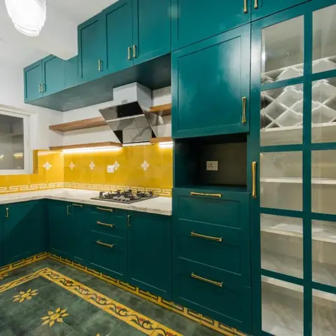 jewel tone traditional kitchen with layout — real Indian home