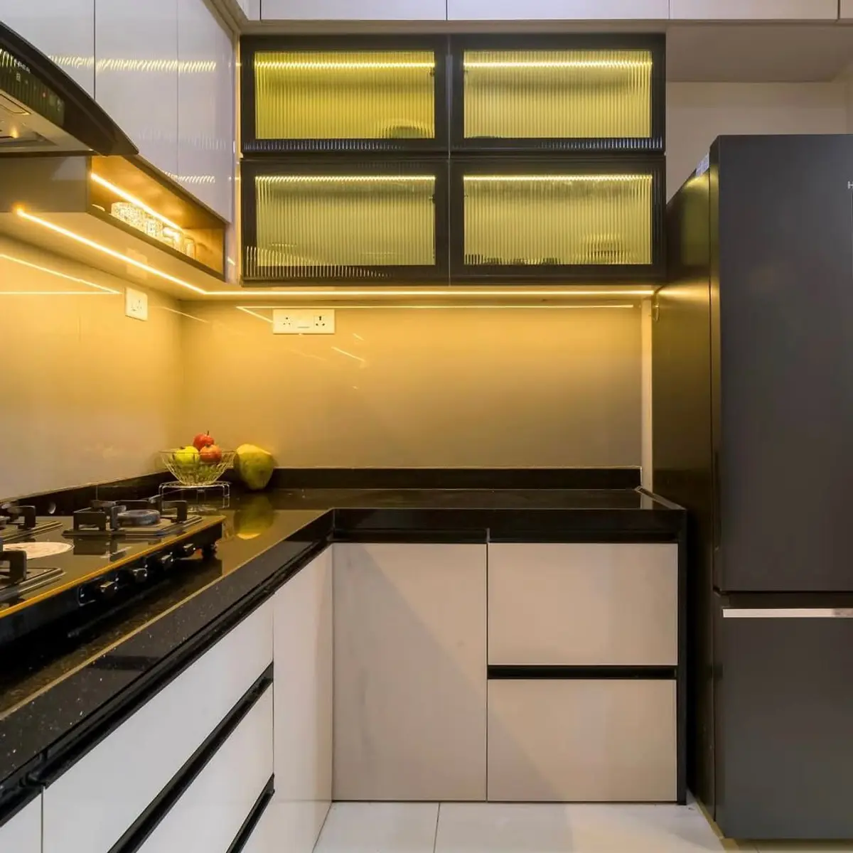 black and white modern indian kitchen with shutter — real Indian home
