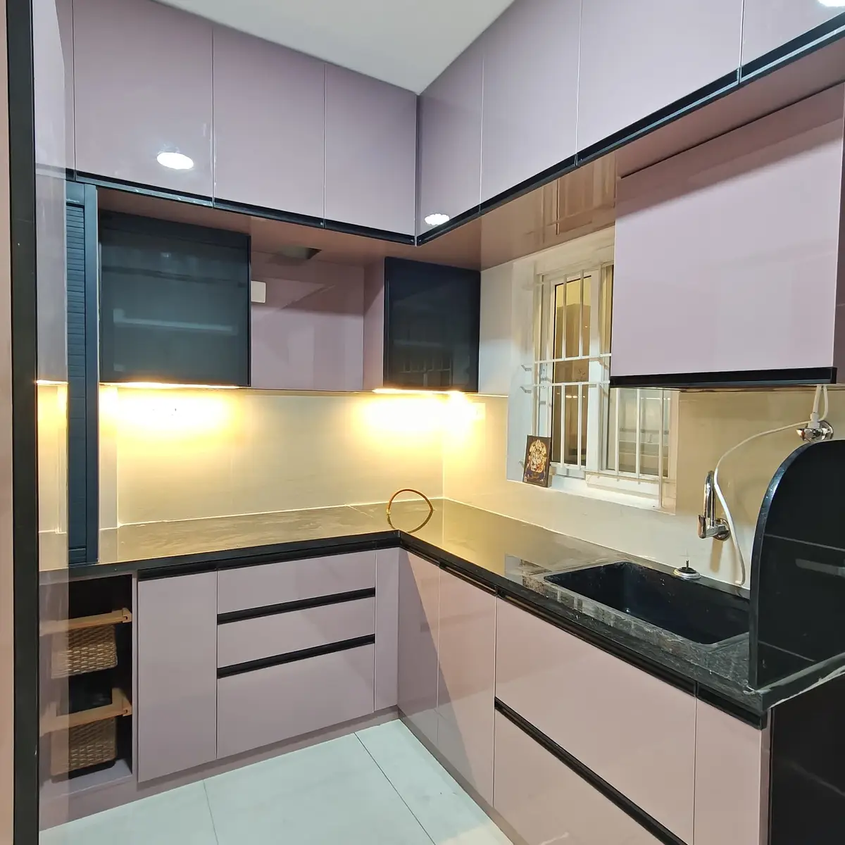 pastel modern indian kitchen with shutter — real Indian home