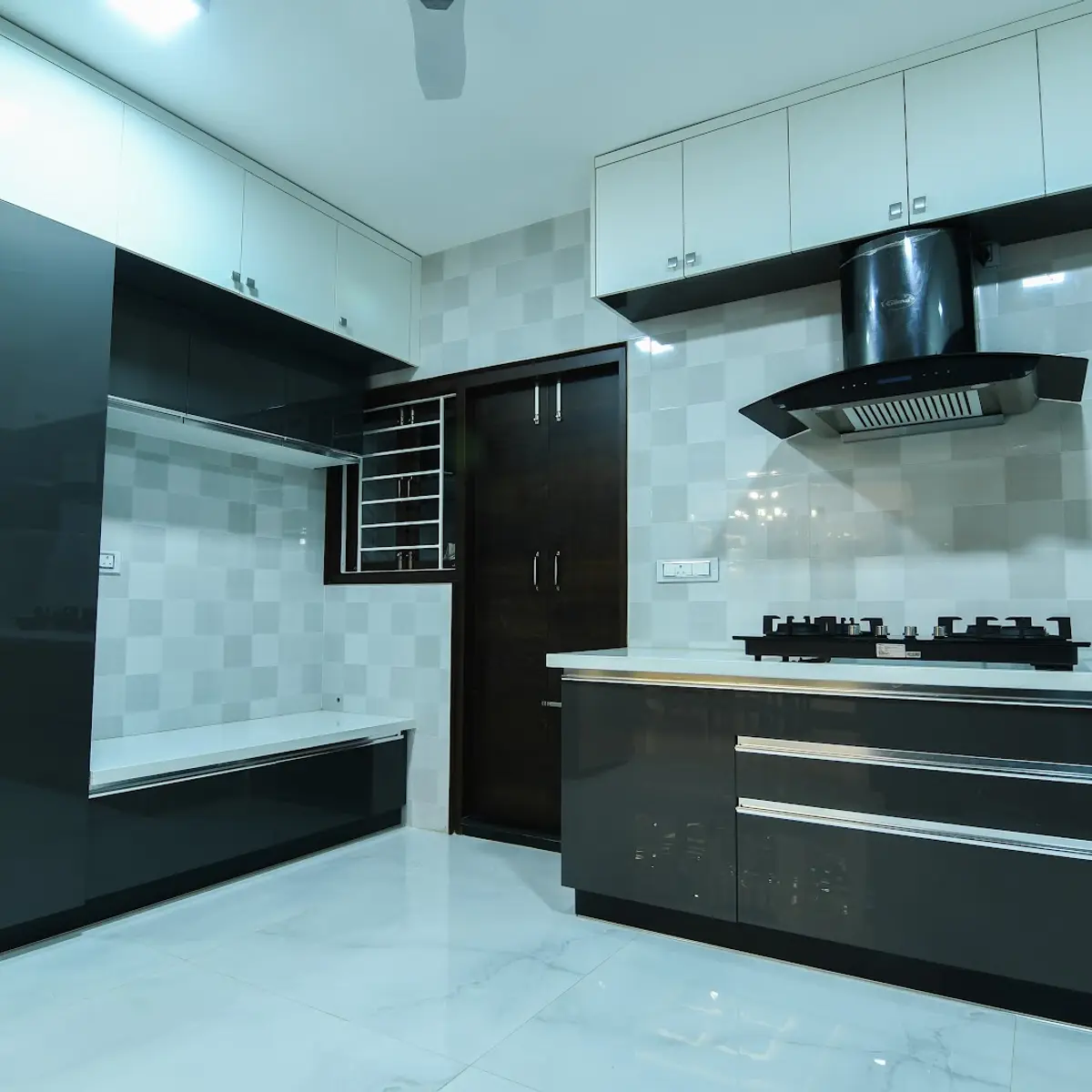 black and white modern indian kitchen with layout — real Indian home