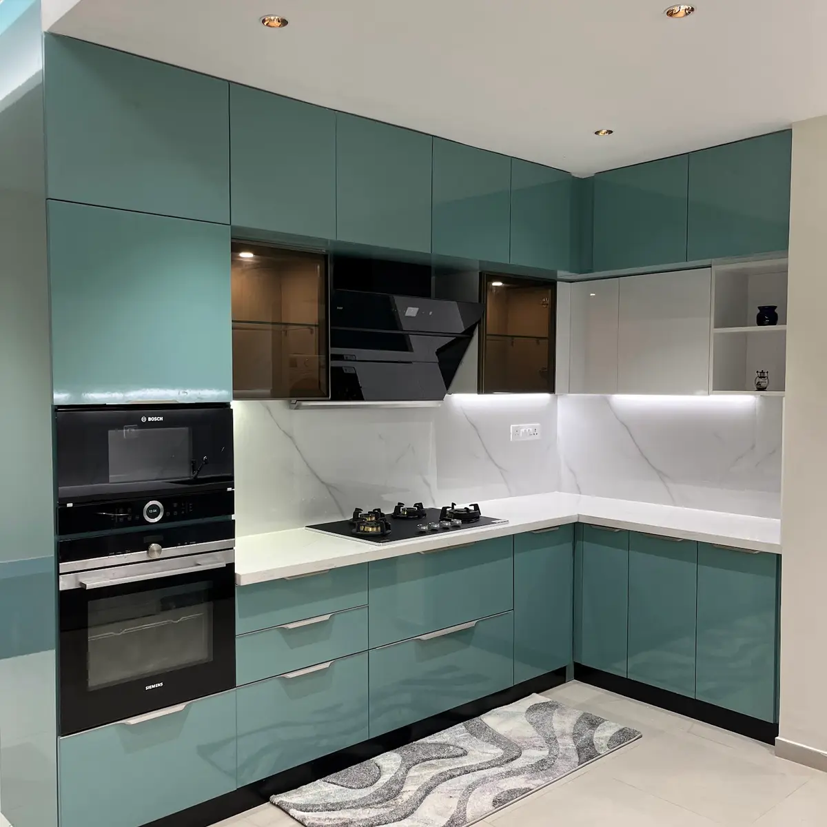 jewel tone modern minimalist kitchen with layout — real Indian home