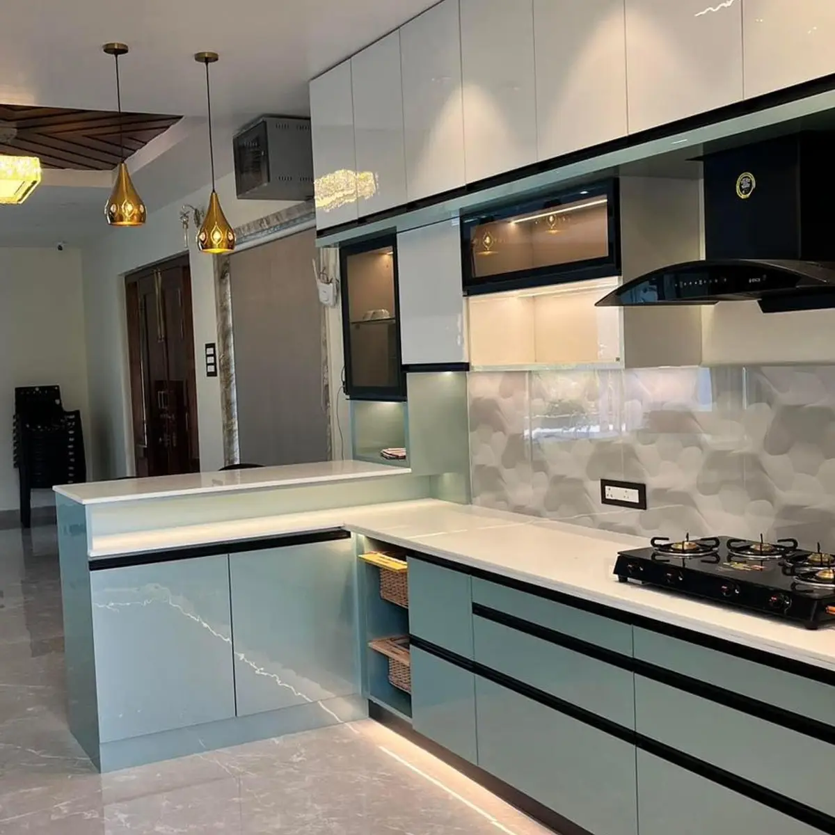 pastel modern indian kitchen with layout — real Indian home