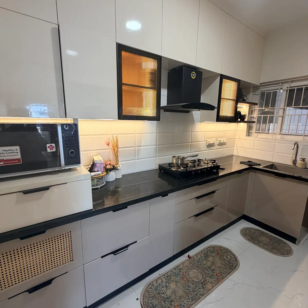 black and white modern indian kitchen with layout — real Indian home