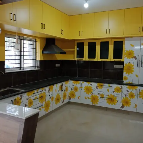 bold colour boho kitchen with layout — real Indian home