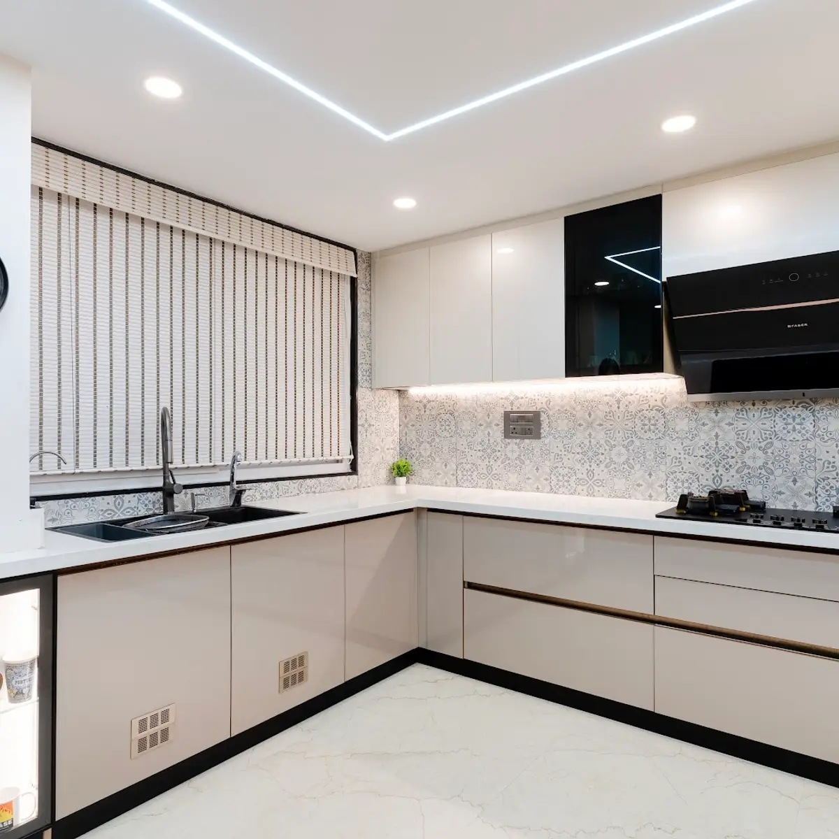 beige modern indian kitchen with shutter — real Indian home