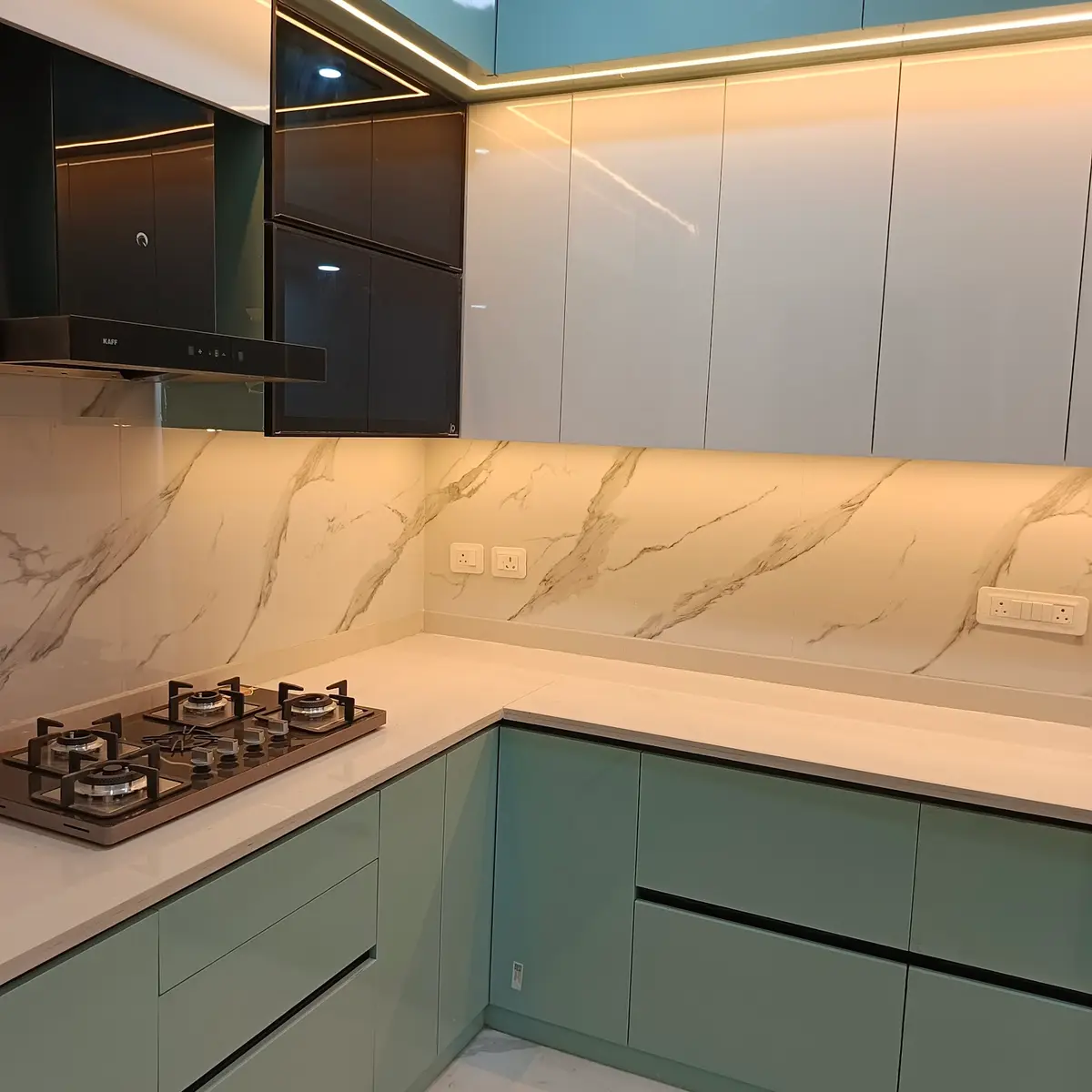 pastel modern indian kitchen with layout — real Indian home