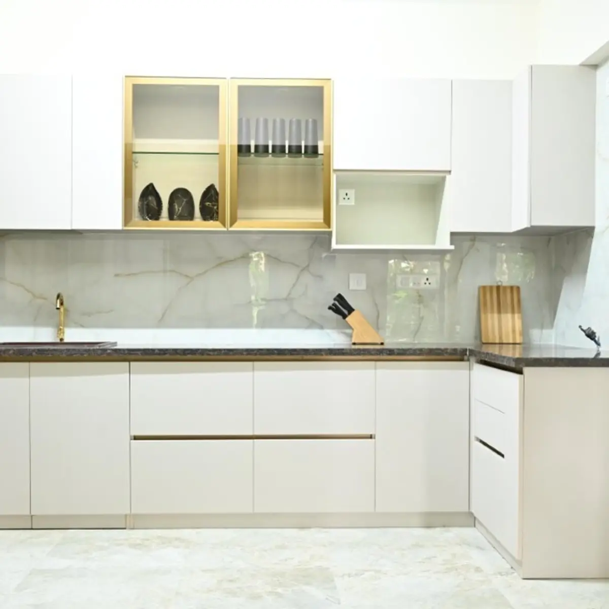 beige modern minimalist kitchen with layout — real Indian home