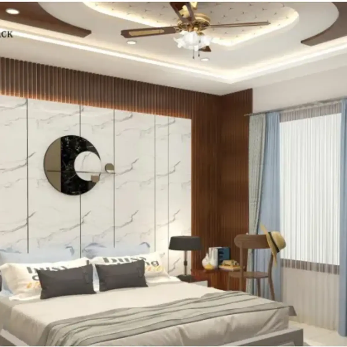 beige modern indian guest bedroom with cladding — real Indian home