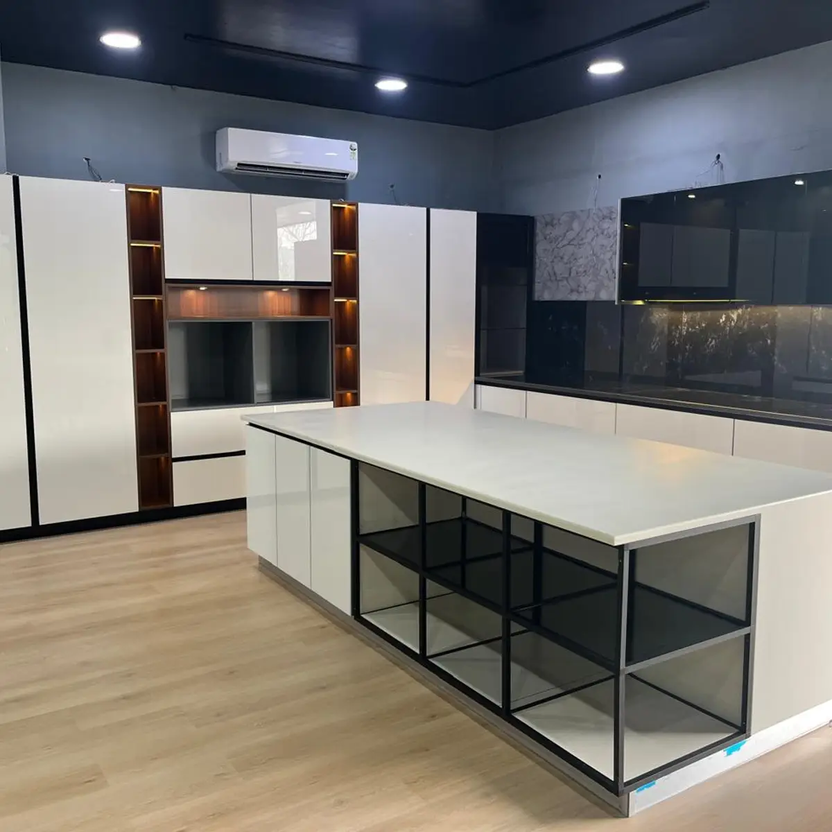 black and white modern minimalist kitchen with layout — real Indian home