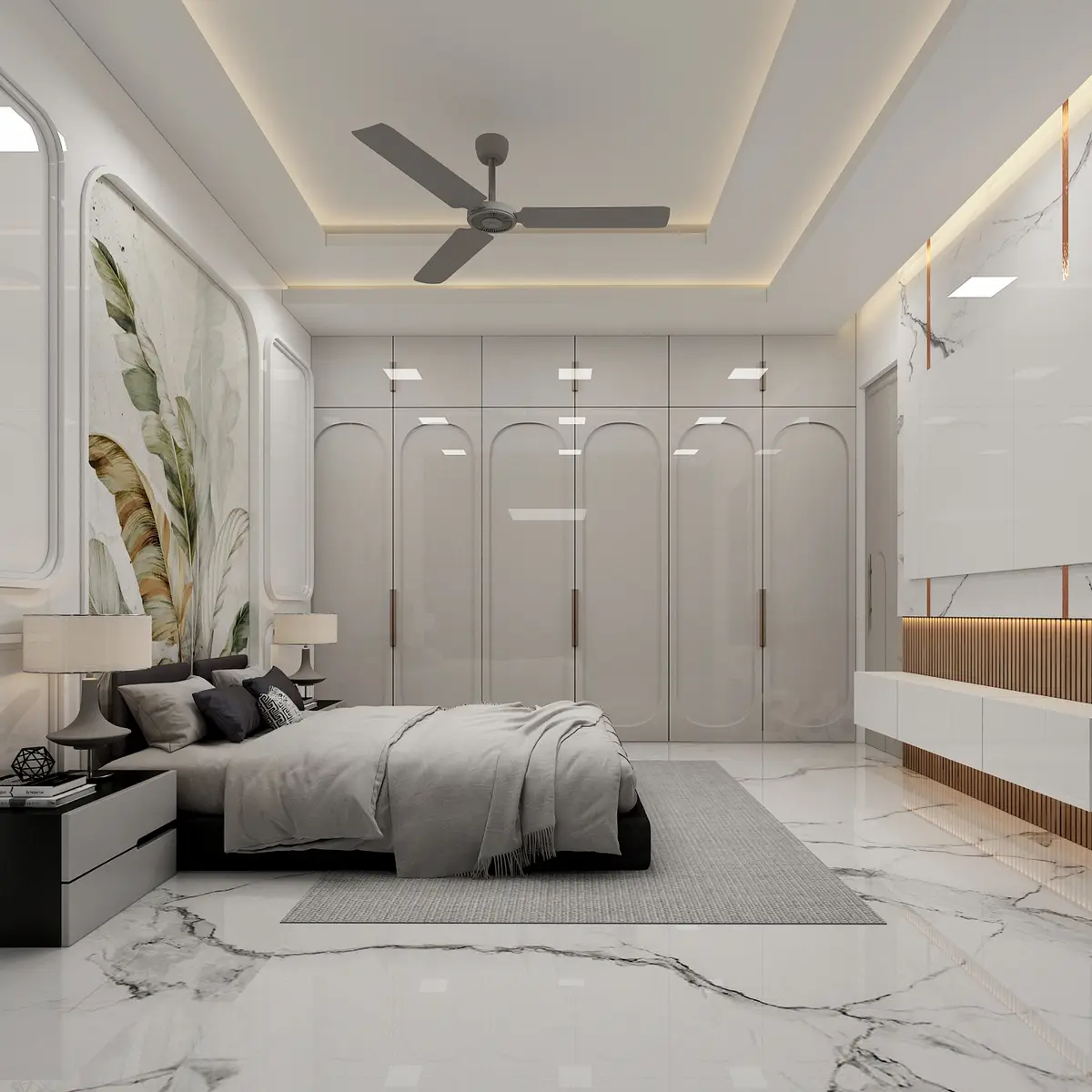 black and white luxury master bedroom with wardrobe — real Indian home