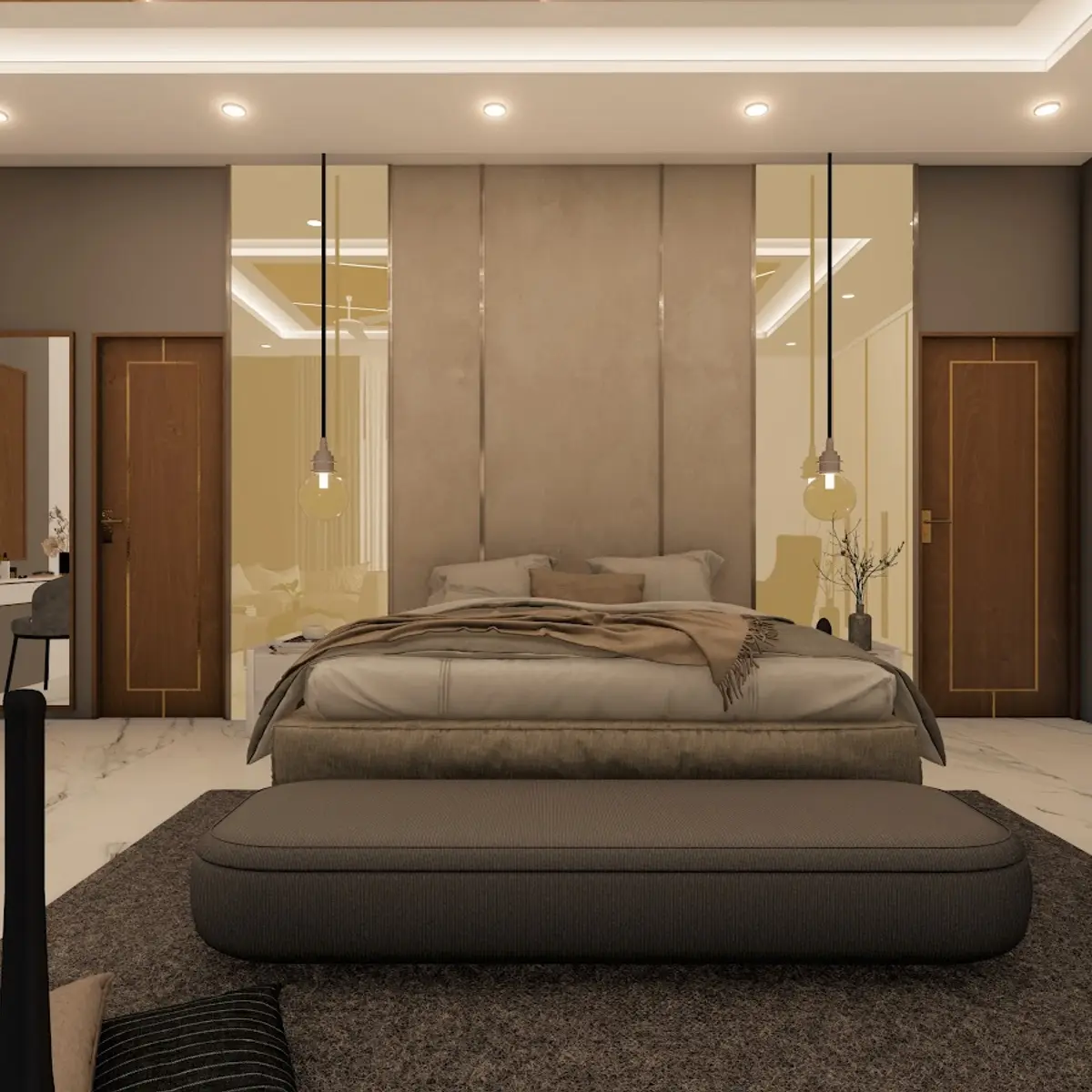 earthy modern indian master bedroom with panelling — real Indian home