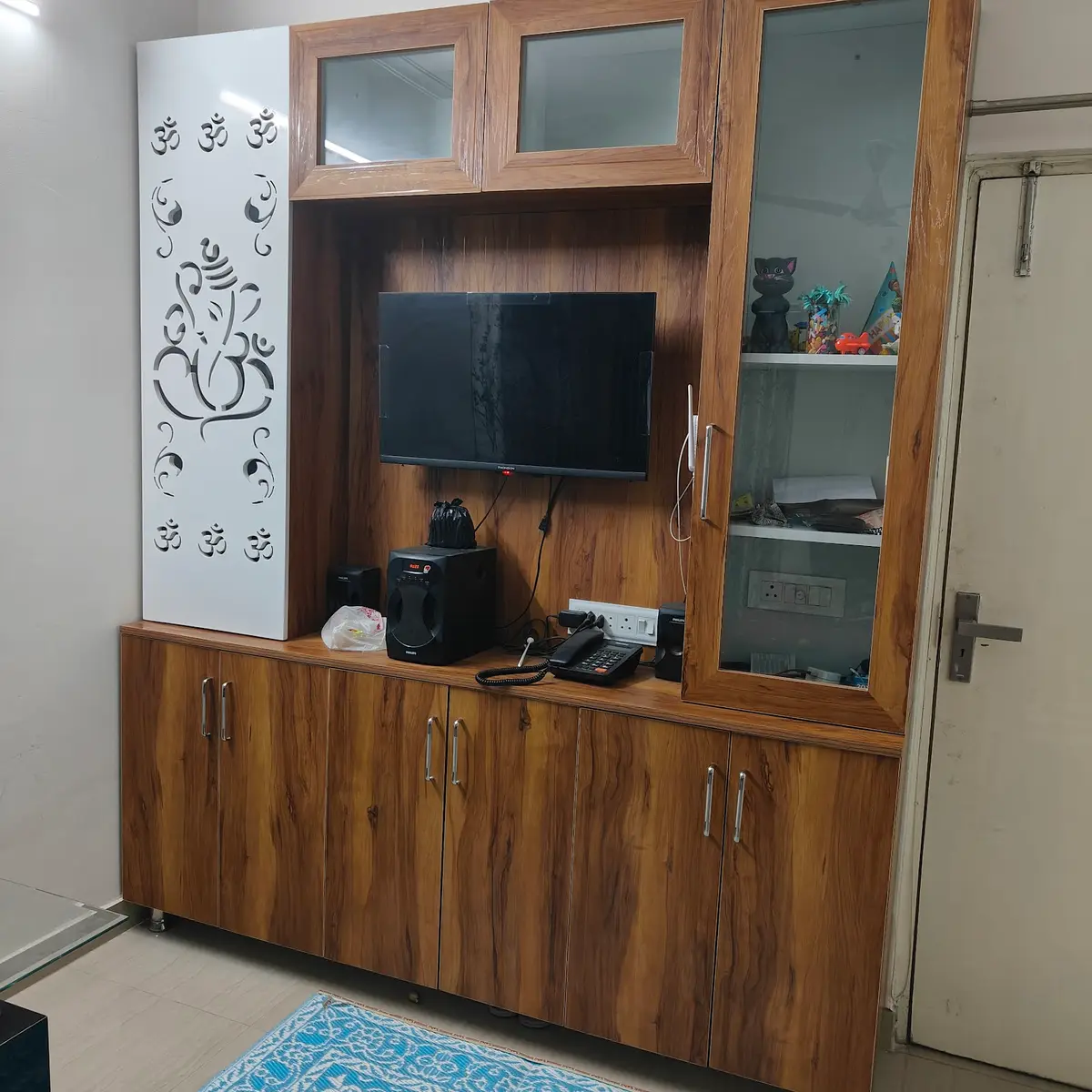 beige modern indian living room with tv unit — real Indian home