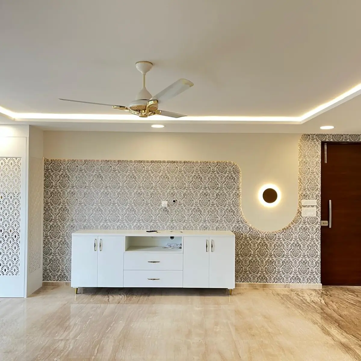 grey modern indian living room with wallpaper — real Indian home