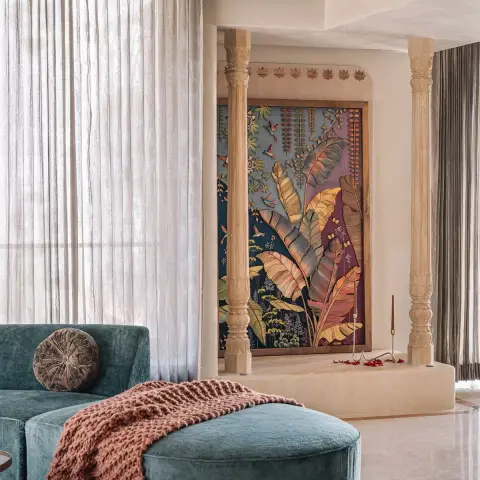 earthy modern indian living room with seating — real Indian home