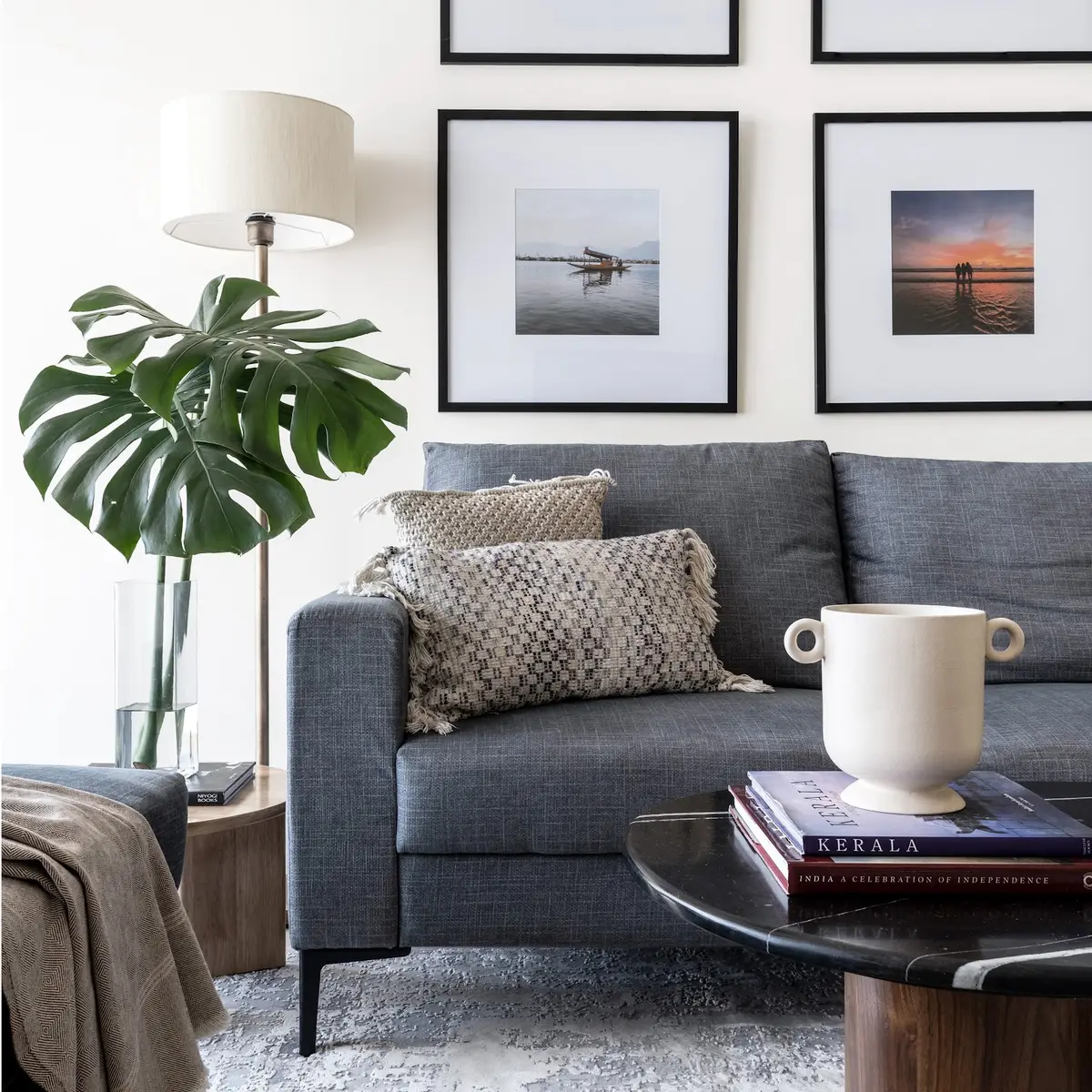 grey modern minimalist living room with wall art — real Indian home