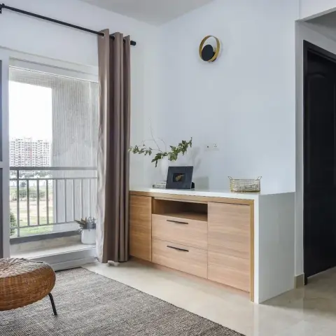 beige scandinavian living room with console — real Indian home