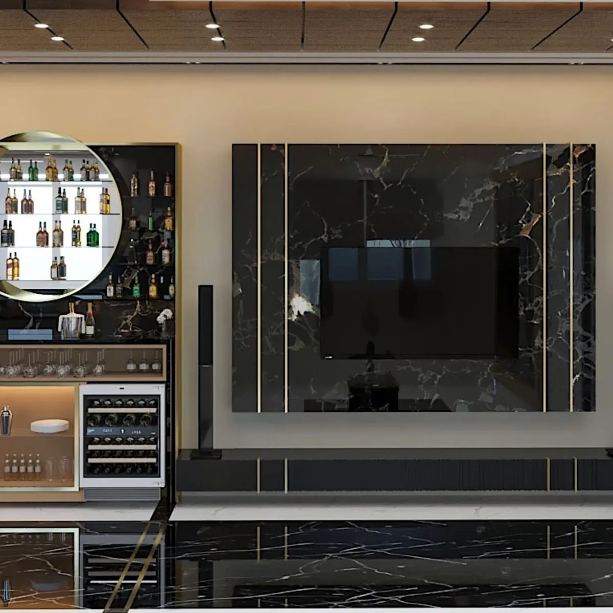 black and white luxury living room with tv unit — real Indian home