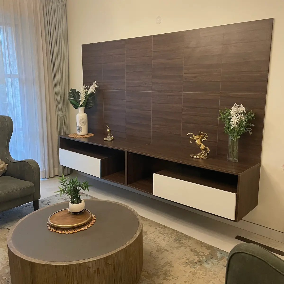 beige modern indian living room with cladding — real Indian home