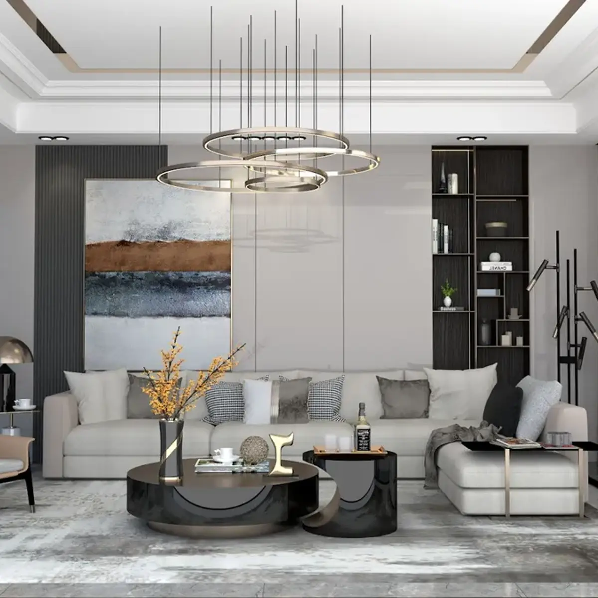 black and white modern minimalist living room with cove — real Indian home