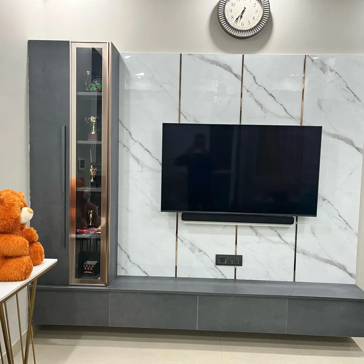 black and white modern indian living room with tv unit — real Indian home