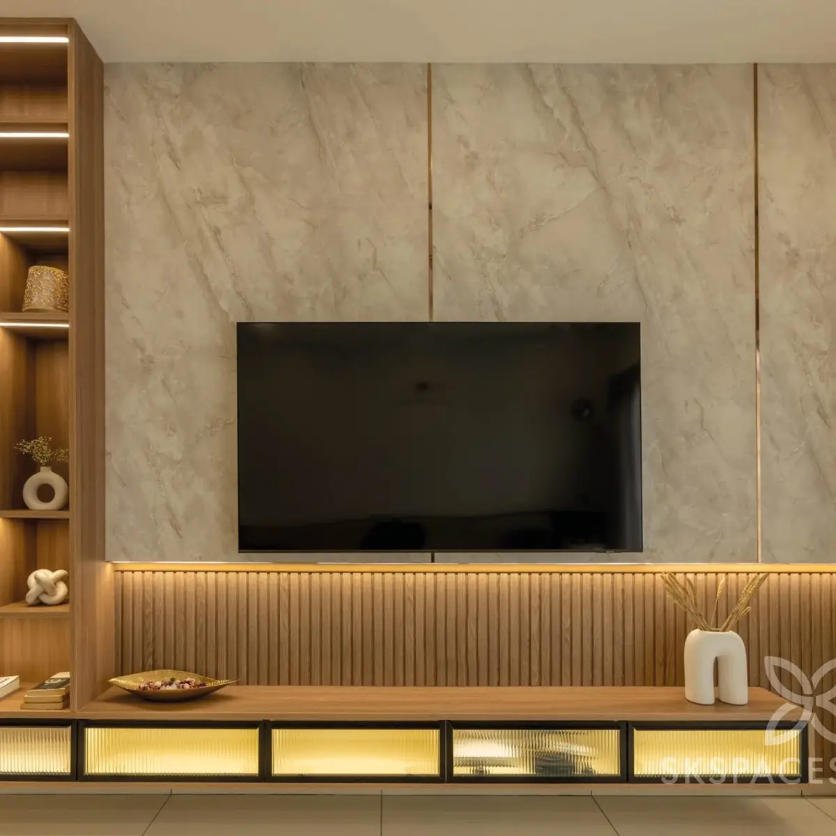 beige modern minimalist living room with tv unit — real Indian home