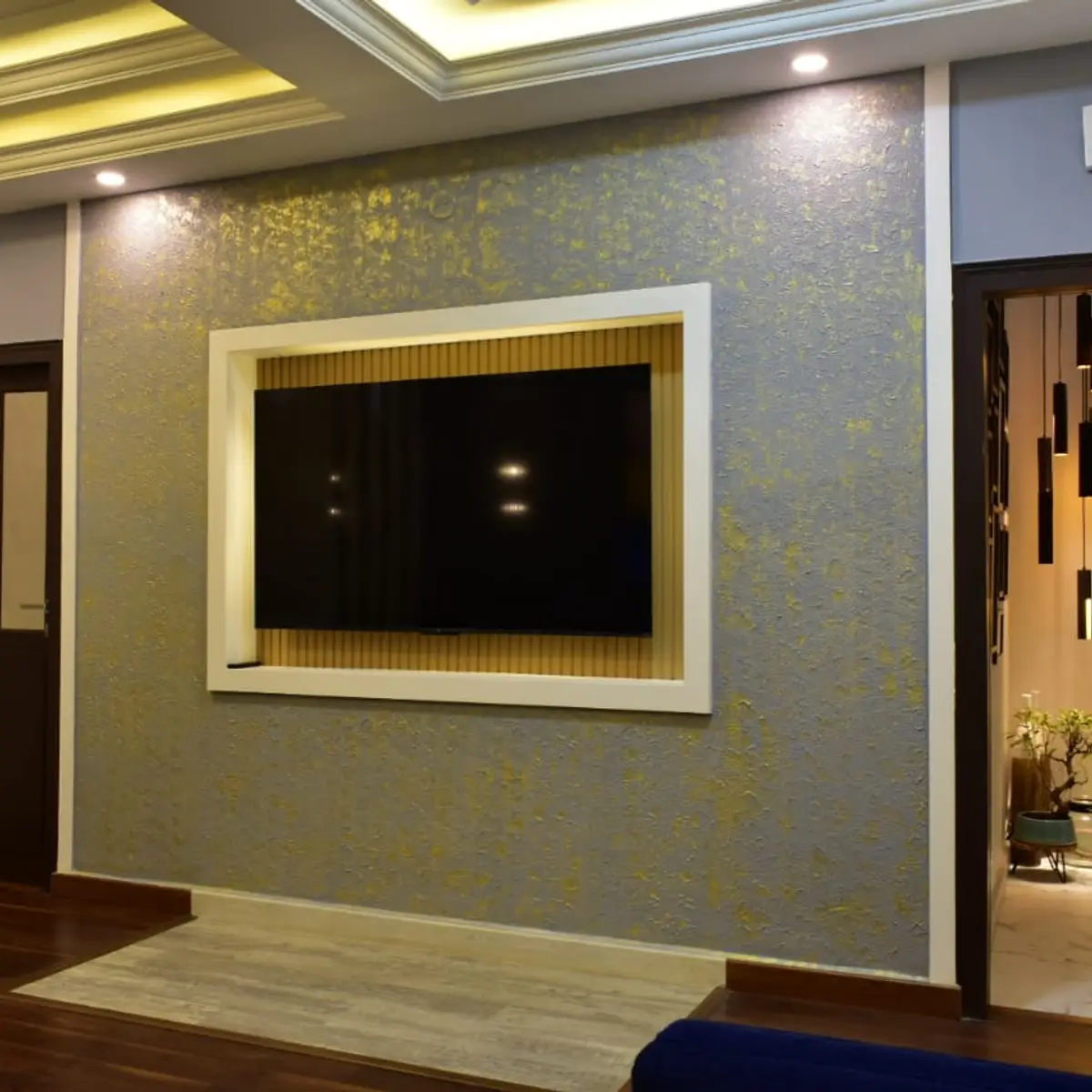 bold colour luxury living room with texture — real Indian home