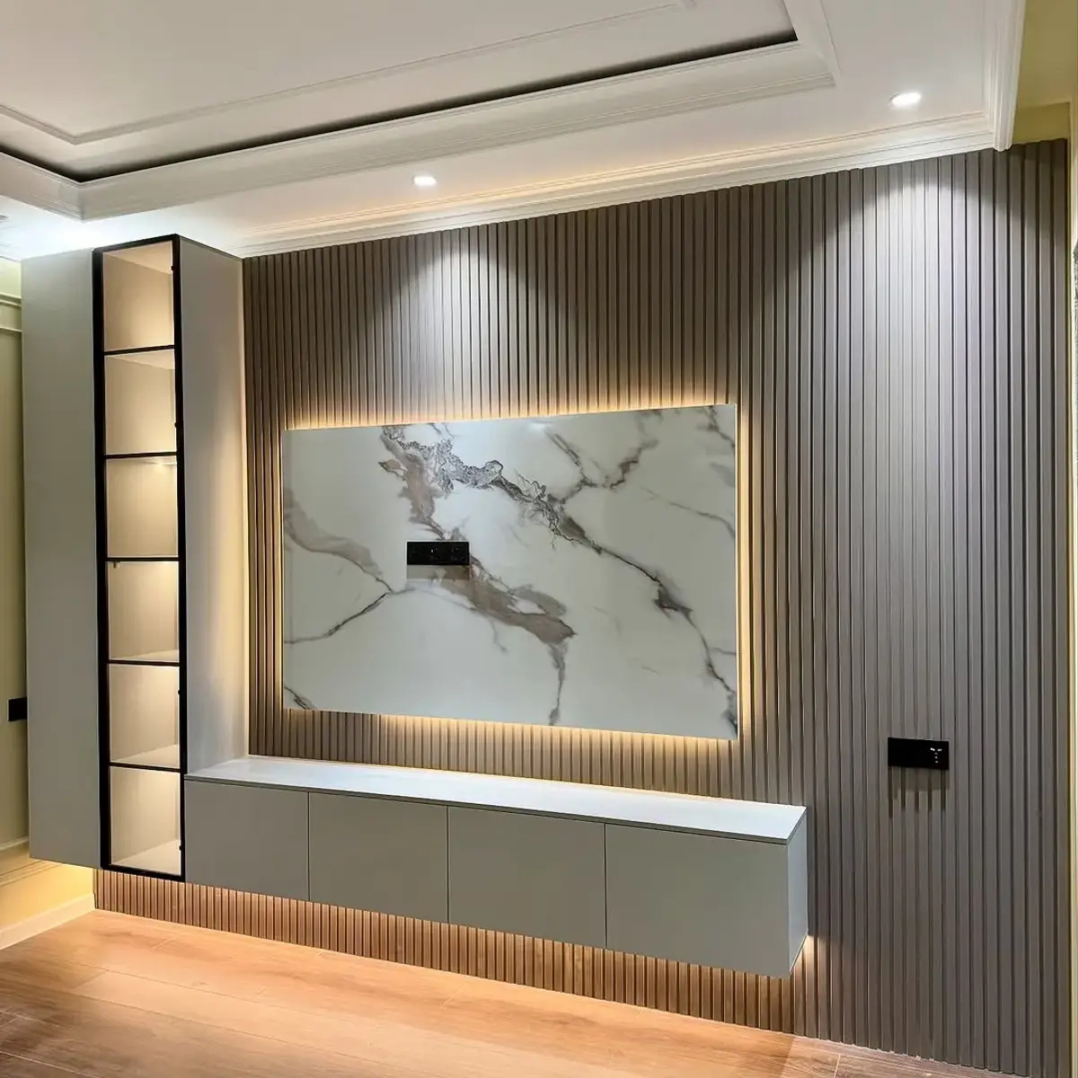 grey modern minimalist living room with panelling — real Indian home