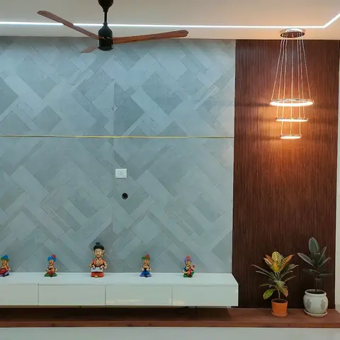 grey modern indian living room with texture — real Indian home
