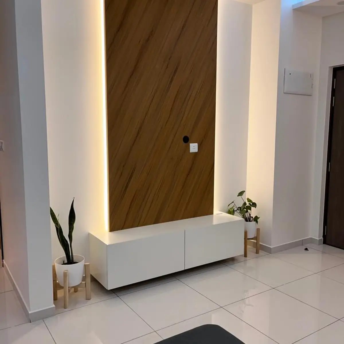 beige modern minimalist living room with panelling — real Indian home