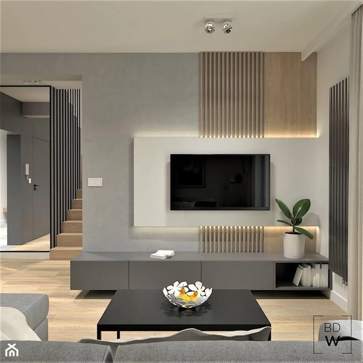 grey modern minimalist living room with tv unit — real Indian home