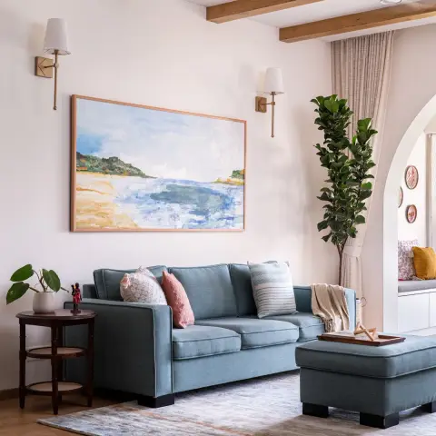 pastel living room with wood — real Indian home