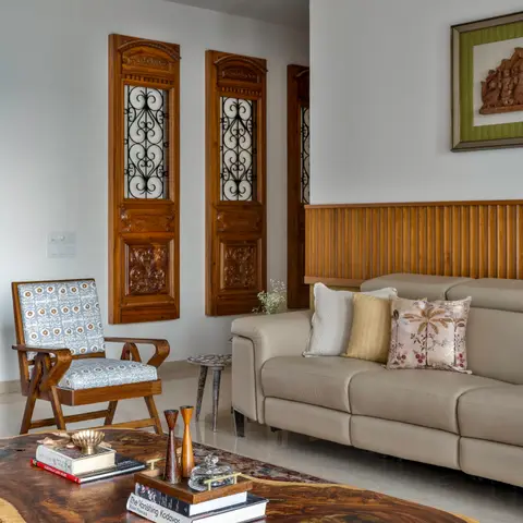 beige traditional living room with panelling — real Indian home