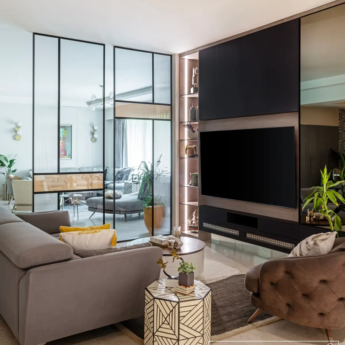 grey modern minimalist living room with tv unit — real Indian home