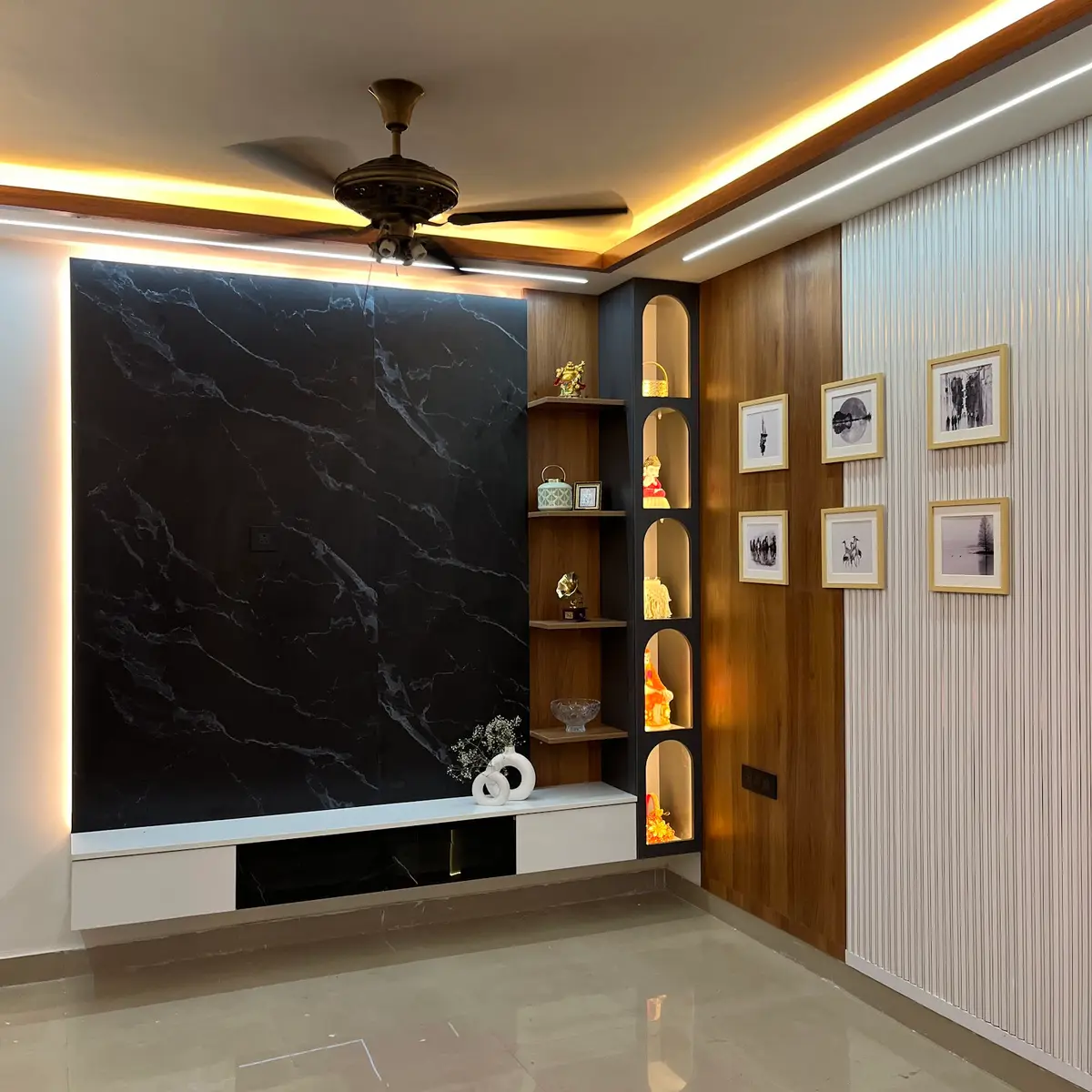 black and white modern indian living room with cladding — real Indian home